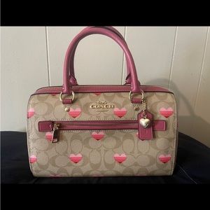 Coach rowan satchel with stripe heart print